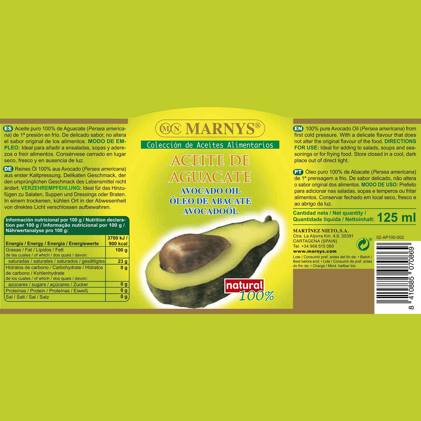 MARNYS Aceite Alimentario de Aguacate 100% Puro 125ml