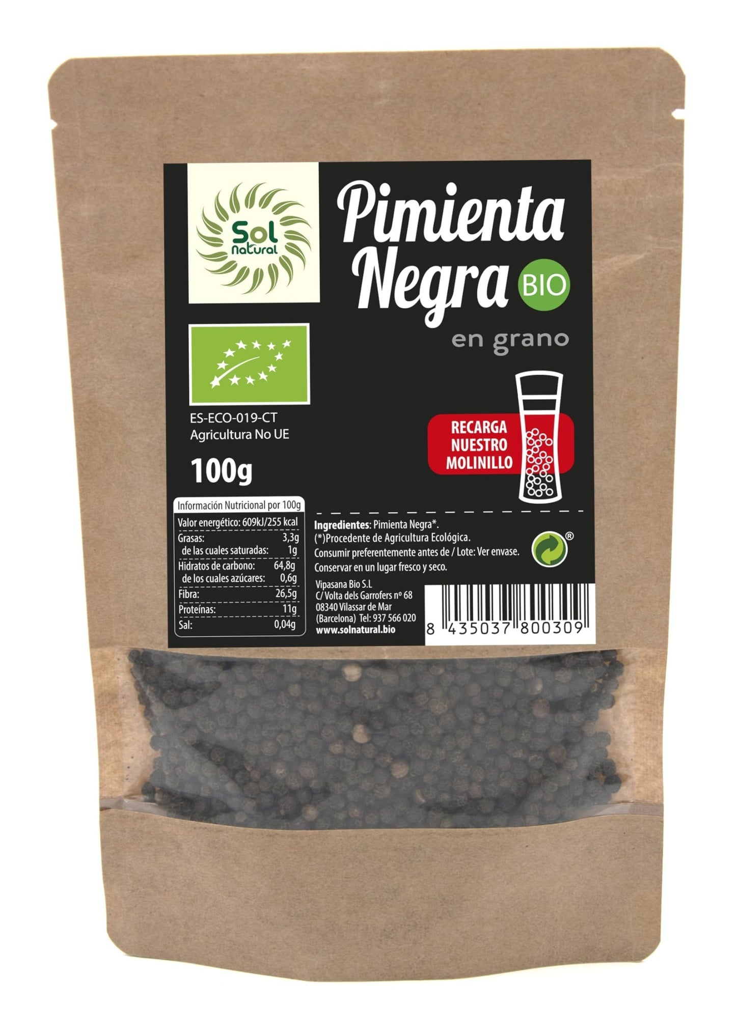 SOLNATURAL Pimienta Negra EN Grano Bio 100 g, Estándar, Único