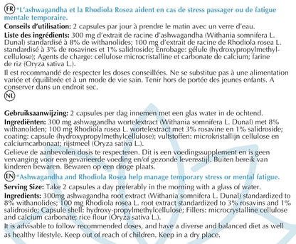 Ashwagandha y Rhodiola Rosea | Suplemento Natural para Bienestar y Relajación, Estrés - Calma y Sueño reparador | - Vegano - 30 Cápsulas | Optim Serenity