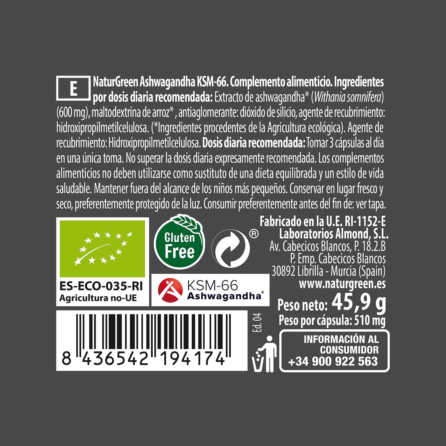 NaturGreen Experience - Ashwagandha KSM-66, Complemento Alimenticio para la Memoria, Cápsulas Memory, Capacidad Cognitiva y Psicológica, Complemento Natural, Sin Gluten - 90 Cápsulas