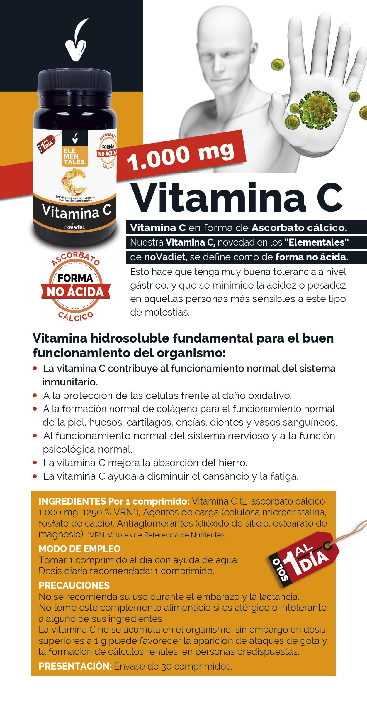 Novadiet - ELEMENTALES VITAMINA C con Vitamina C - Para Reforzar el Sistema Inmune, Proteger las Células y Promover la Salud - Antioxidante Natural - Apoya la Formación de Colágeno - 30 Comprimidos