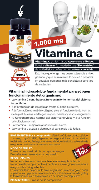 Novadiet - ELEMENTALES VITAMINA C con Vitamina C - Para Reforzar el Sistema Inmune, Proteger las Células y Promover la Salud - Antioxidante Natural - Apoya la Formación de Colágeno - 30 Comprimidos