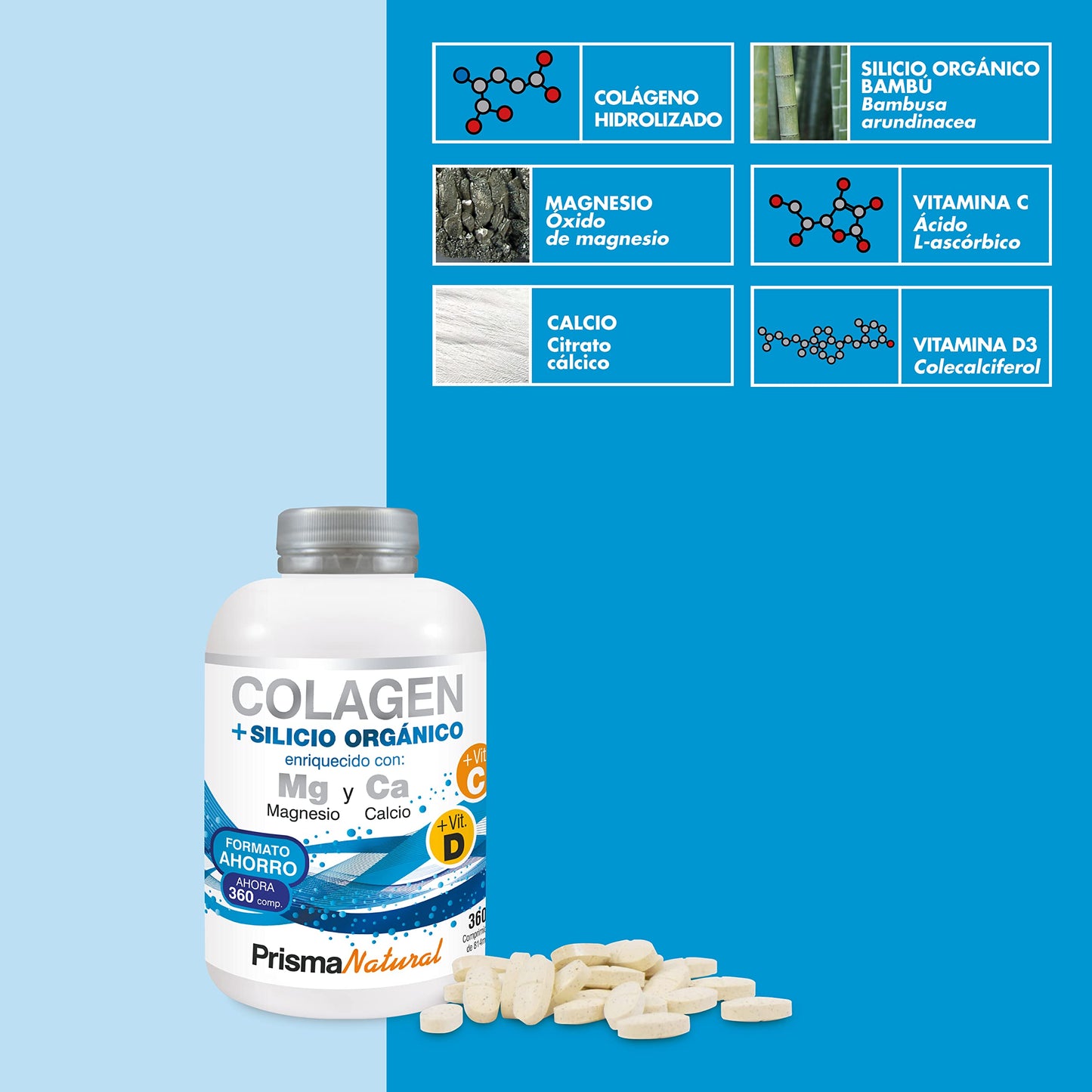 Prisma Natural - Colágeno Hidrolizado con Magnesio y Vitamina C y D, Con Silicio y Calcio. Para Articulaciones fuertes. Regenerador de Piel, Cabello y Uñas, 360 Cápsulas.