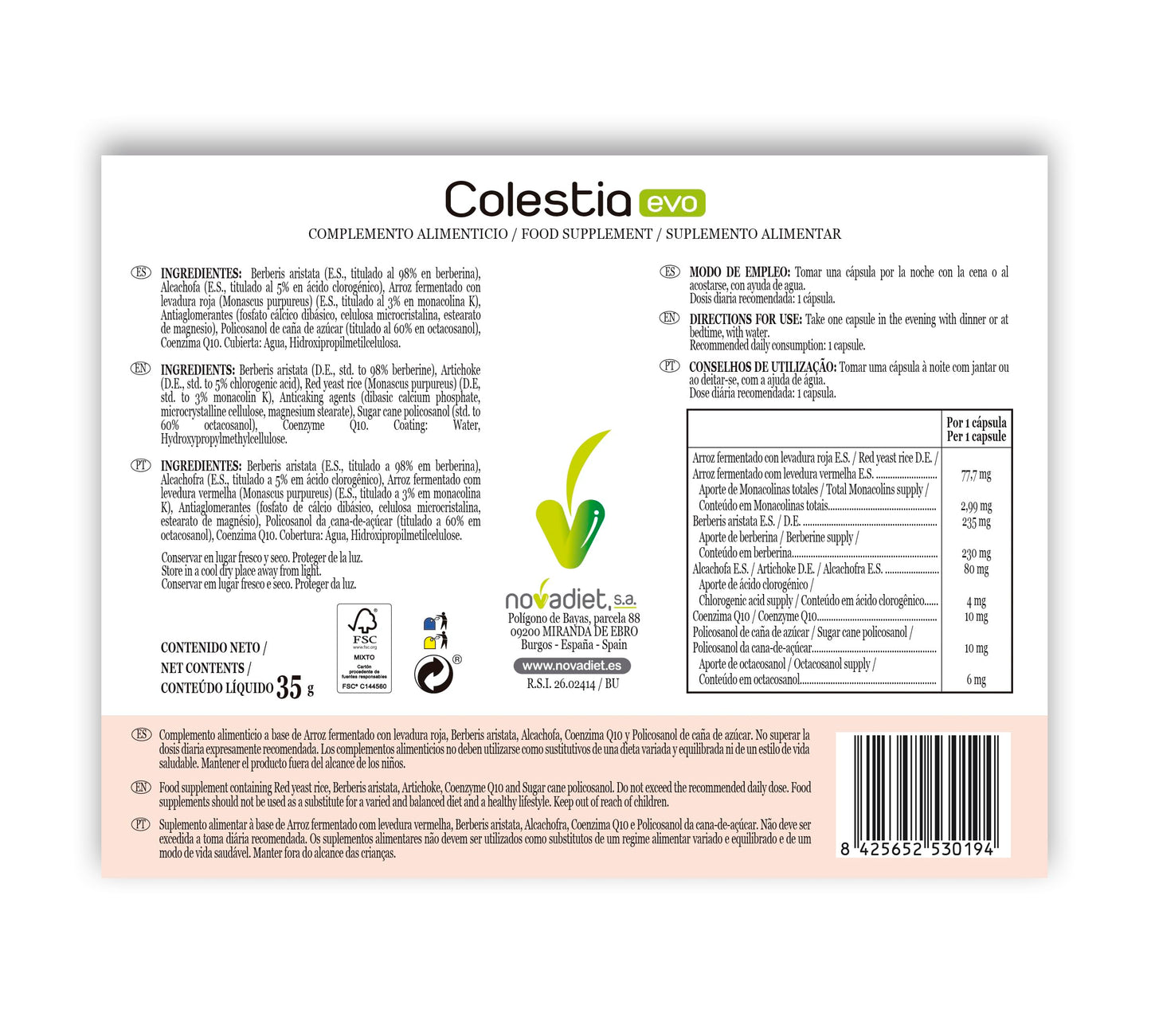 Novadiet COLESTIA EVO 60 Cap - Pastillas para el Colesterol, Arroz fermentado con levadura roja +Berberis aristata+Alcachofa+Coenzima Q 10+Policosanol de caña de azúcar