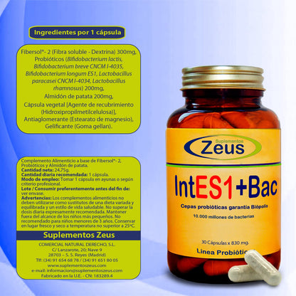 INTES1+BAC | Contribuye a equilibrar y regular la microbiota intestinal | Complemento Alimenticio a base de Fibersol®- 2, Probióticos y Almidón de patata | 100% Vegano | 30 Cápsulas Vegetales