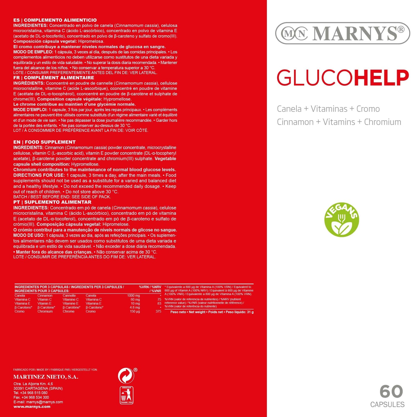 MARNYS Glucohelp Mantiene Niveles de Glucosa en Sangre 60 Cápsulas vegetales