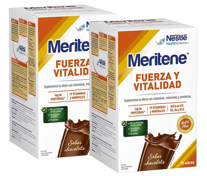 Meritene® FUERZA Y VITALIDAD - Suplementa tu nutrición y mantén tu sistema inmune con vitaminas, minerales y proteínas - Batido de Chocolate - 2 Packs de 15 sobres de 30g