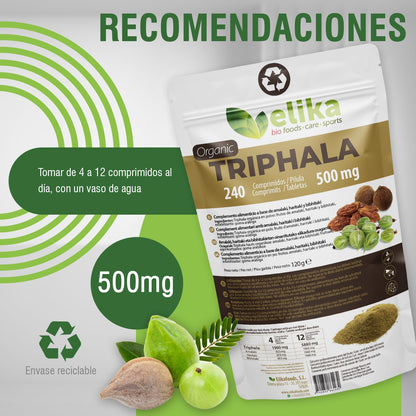 Triphala Elikafoods ® ORGÁNICA. Laxante Natural ayuda contra el estreñimiento. Laxante natural combate el estreñimiento. Comprimidos naturales estreñimiento, transito intestinal - 240ud 500mg