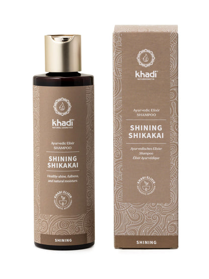 khadi SHINING SHIKAKAI Champú Ayurvédico, 100% naturales, veganos y sin silicona, Shikakai y Aloe Vera suaviza las puntas abiertas, brillo intenso e hidratación, Cosmética Natural Certificada, 200ml