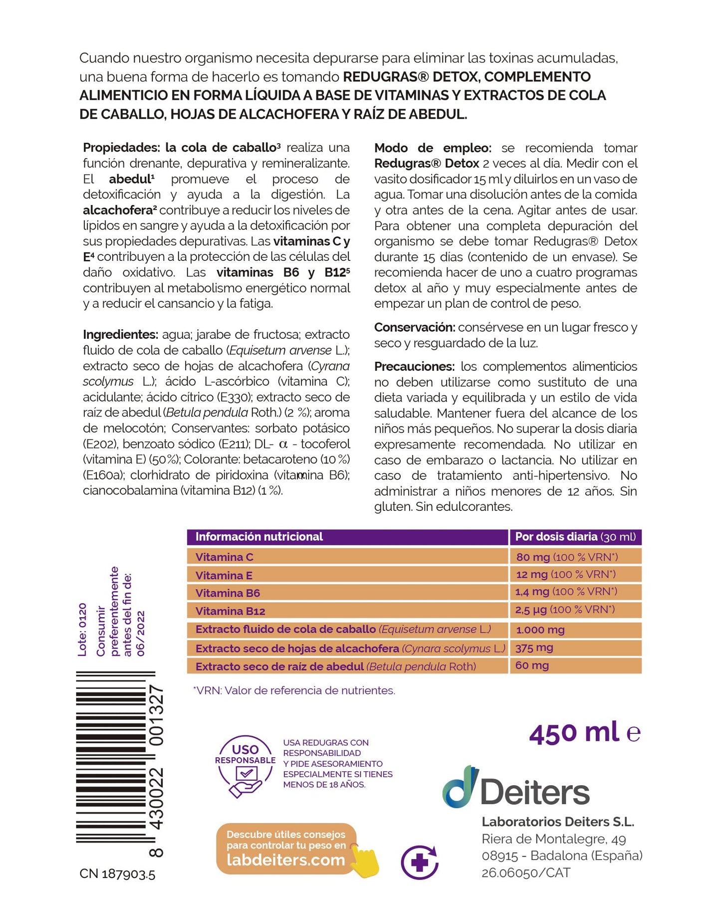 DEITERS - Redugras Detox 540 ml, Complemento Alimenticio, Depurativo el Organismo y Elimina Toxinas, con Vitamina B6, B12 y Cola de Caballo, Efecto Drenante y Antioxidante, Reduce Cansancio