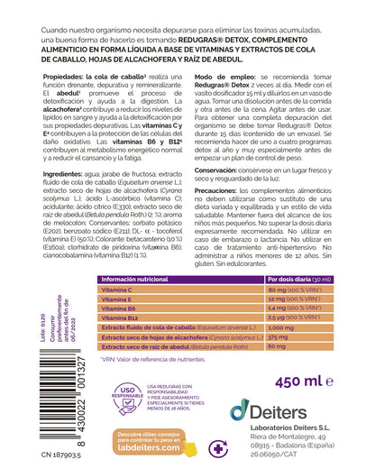 DEITERS - Redugras Detox 540 ml, Complemento Alimenticio, Depurativo el Organismo y Elimina Toxinas, con Vitamina B6, B12 y Cola de Caballo, Efecto Drenante y Antioxidante, Reduce Cansancio