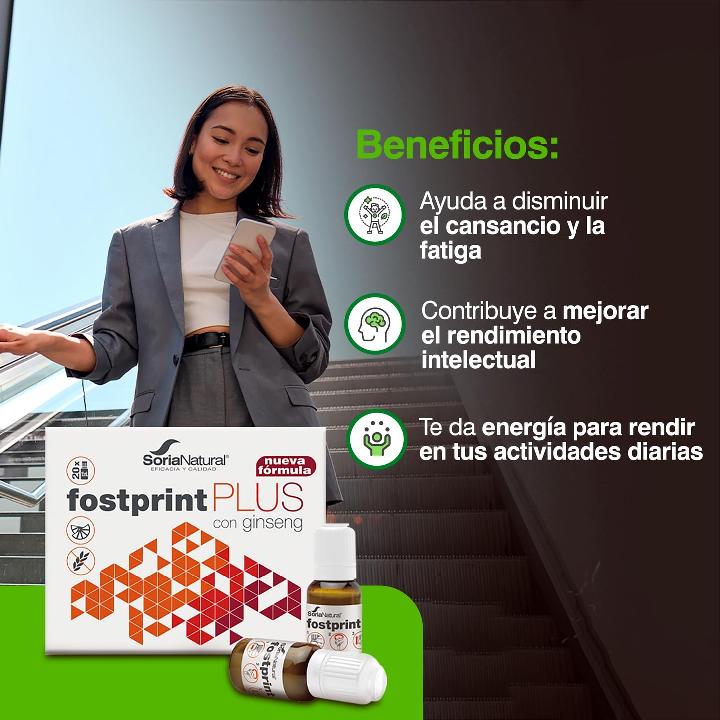 Soria Natural Fostprint Plus con Ginseng - Vitaminas para el Cansancio y la Memoria - Jalea Real, Vitaminas Grupo B, Biotina, Vitamina E, Vitamina D, L Carnitina y Propóleo Puro - 20 Viales con 15ml