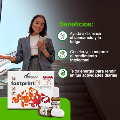 Soria Natural Fostprint Plus con Ginseng - Vitaminas para el Cansancio y la Memoria - Jalea Real, Vitaminas Grupo B, Biotina, Vitamina E, Vitamina D, L Carnitina y Propóleo Puro - 20 Viales con 15ml
