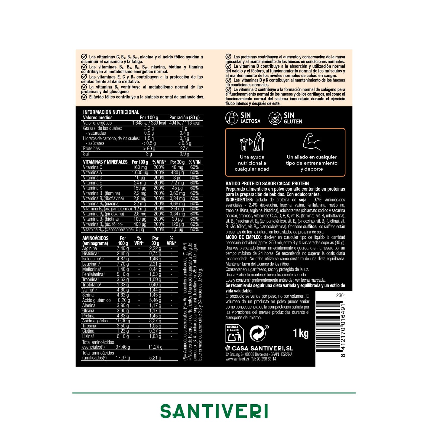 Santiveri - Proteína 90 Instante Cacao Alimento Suplemento - 1kg