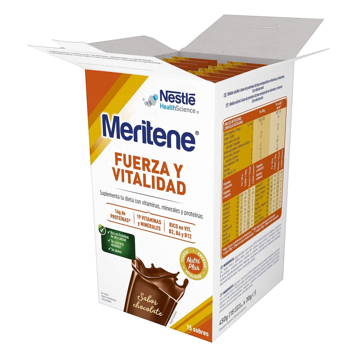 Meritene® FUERZA Y VITALIDAD - Suplementa tu nutrición y mantén tu sistema inmune con vitaminas, minerales y proteínas - Batido de Chocolate - 2 Packs de 15 sobres de 30g