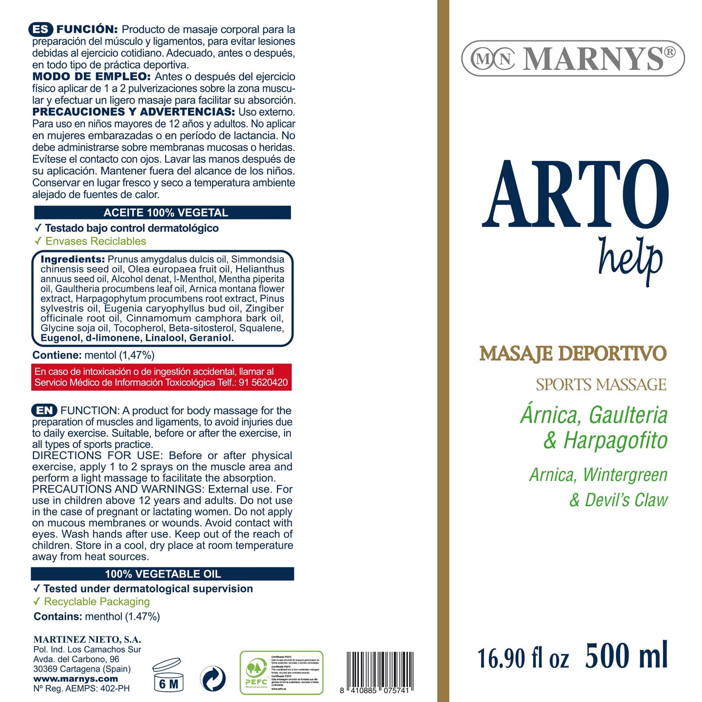MARNYS Artohelp Aceite de Masaje Deportivo para Músculos, Articulaciones y Ligamentos Spray 50ml