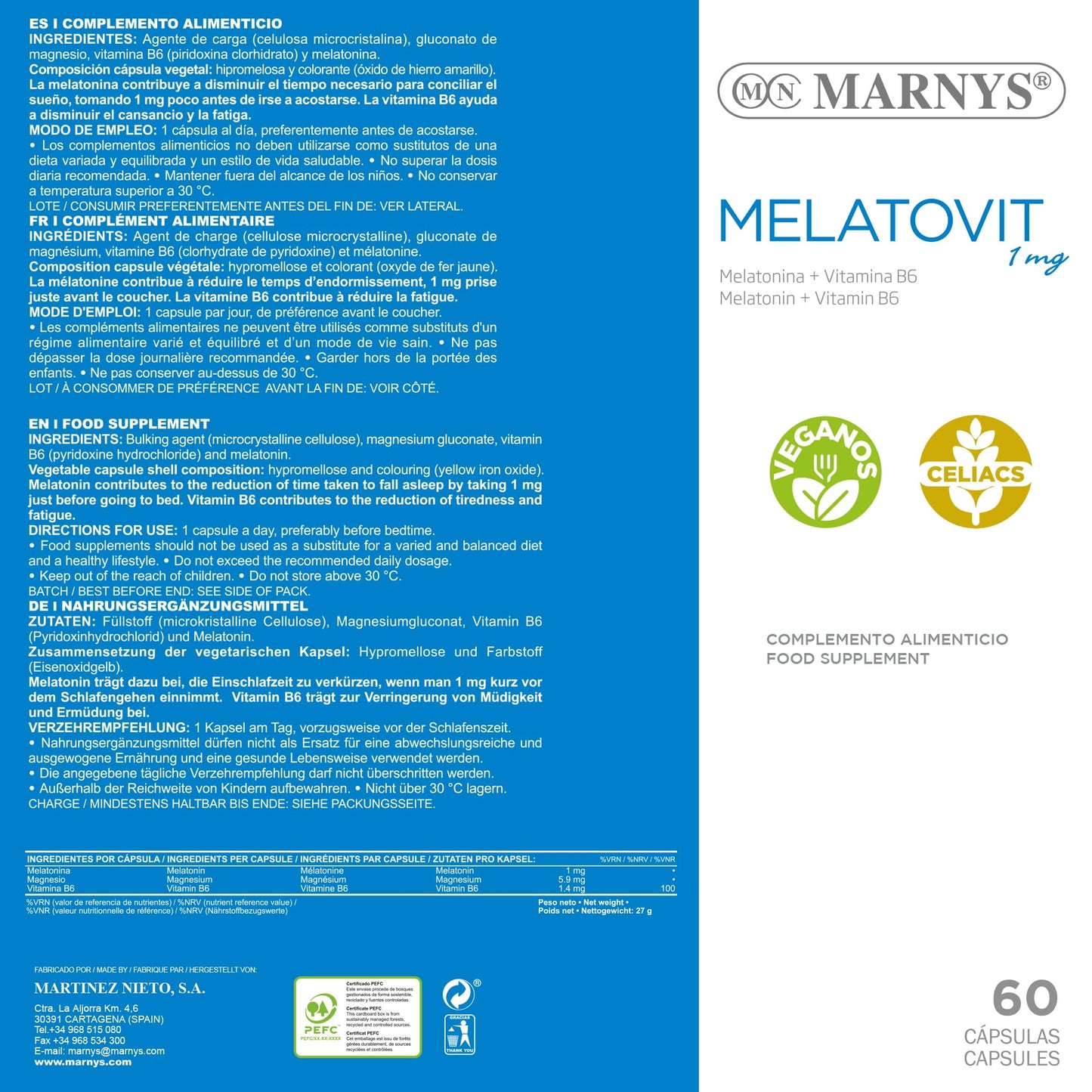 MARNYS Melatovit Melatonina y Vitamina B6 para Conciliar el Sueño 60 Cápsulas