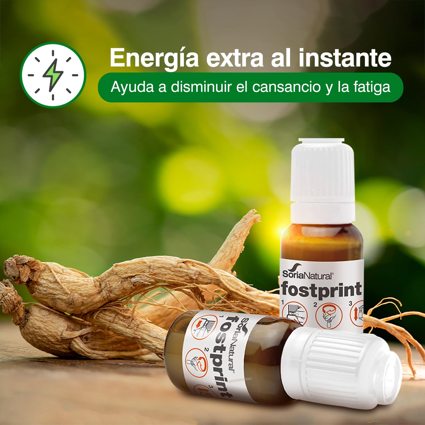Soria Natural Fostprint Plus con Ginseng - Vitaminas para el Cansancio y la Memoria - Jalea Real, Vitaminas Grupo B, Biotina, Vitamina E, Vitamina D, L Carnitina y Propóleo Puro - 20 Viales con 15ml