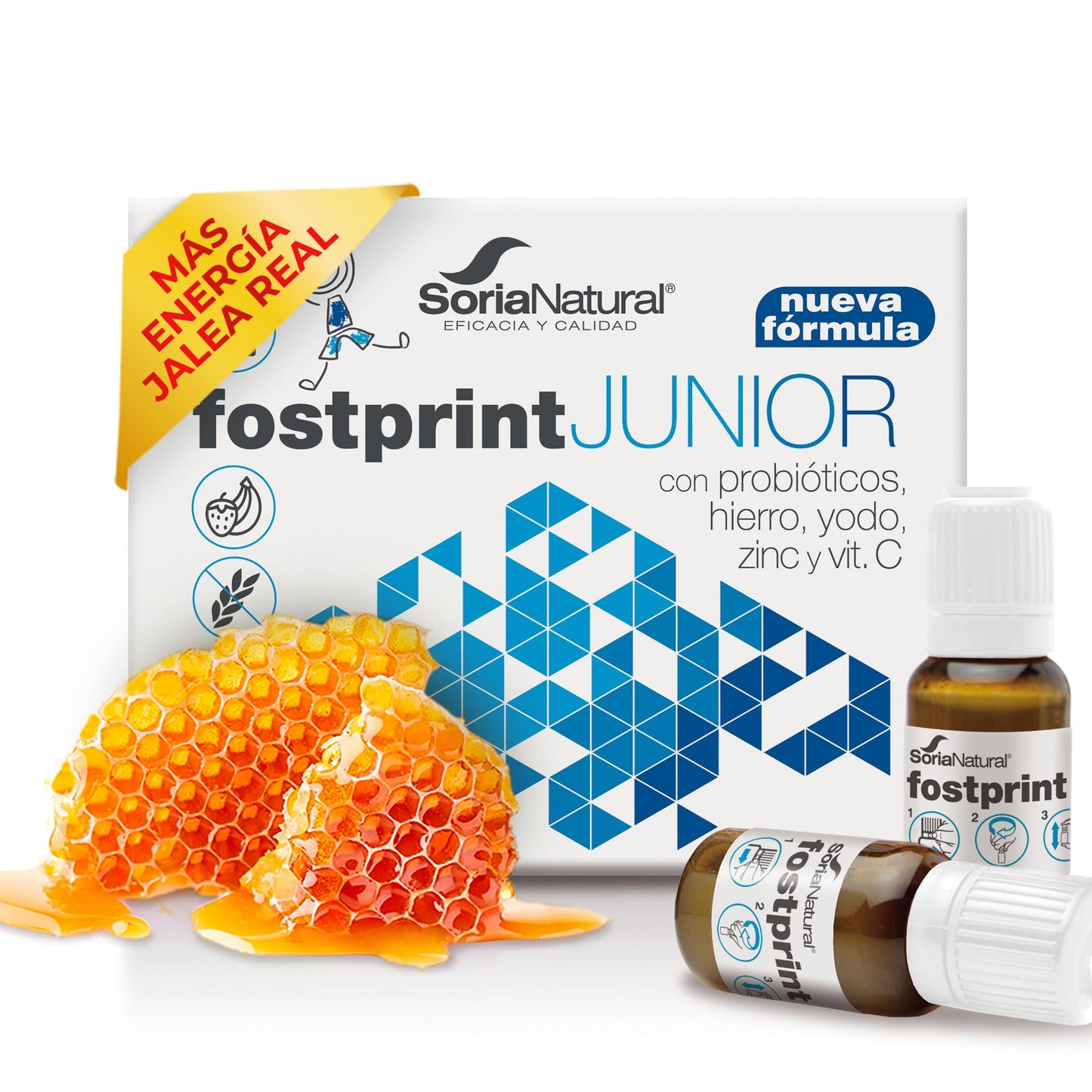 Soria Natural Fostprint Junior - Vitaminas y Nutrientes Esenciales para los Más Pequeños - Jalea Real, Vitamina C, Hierro, Propóleo, Vitaminas B y D - Probióticos niños - 20 viales
