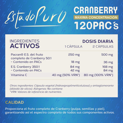 Arándano Rojo Americano 41.900 mg por cápsula - Fórmula Potente para Cistitis - Cranberry 120 PACs de Máxima Concentración - 40 cápsulas de Estado Puro