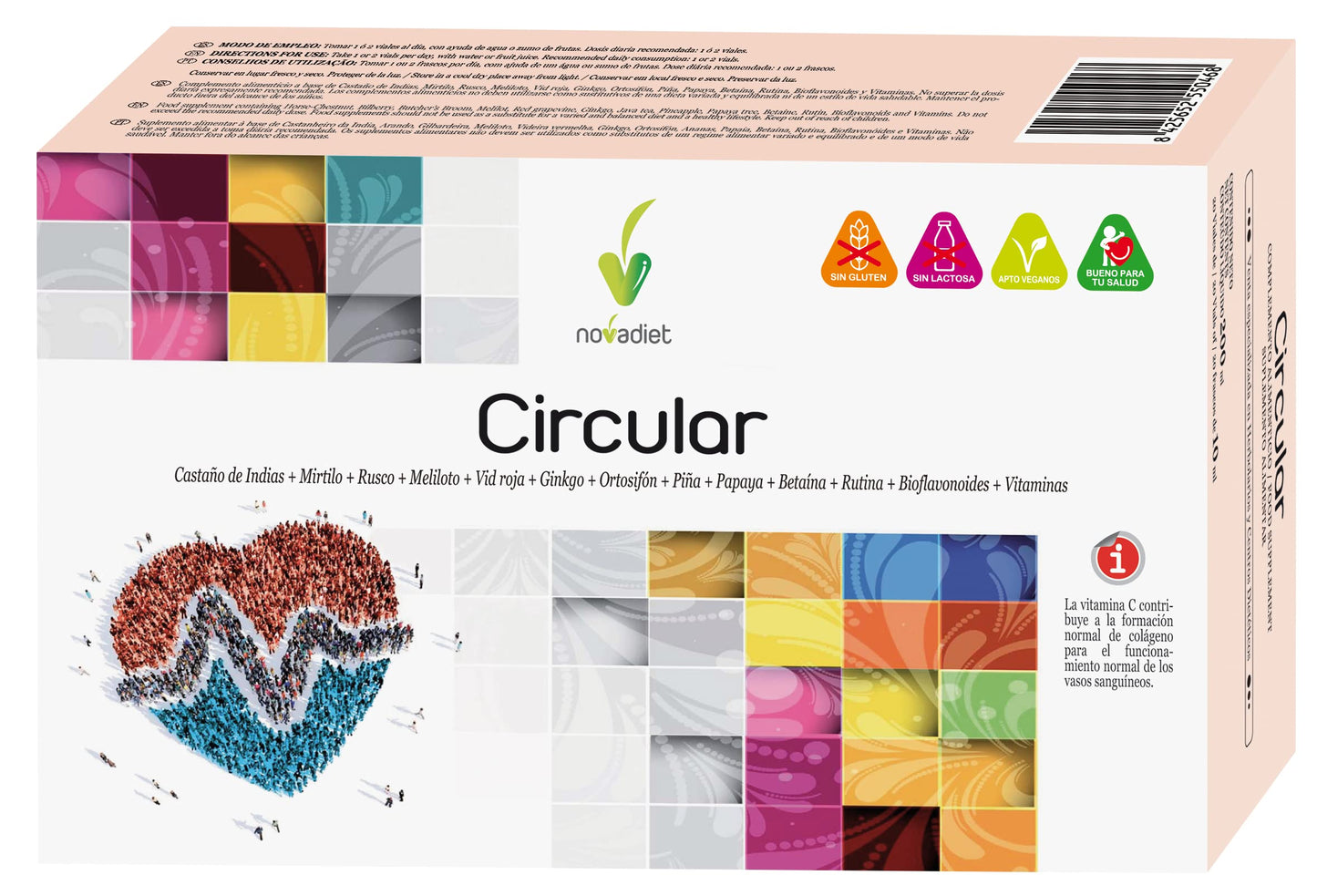 Novadiet - Circular Viales con Rusco, Rutina, Mirtilo, Castaño de Indias, Meliloto, Ginkgo, Ayuda a la Circulación Venosa, Reducir la Hinchazón, la Pesadez en Piernas Cansadas - 20 Viales