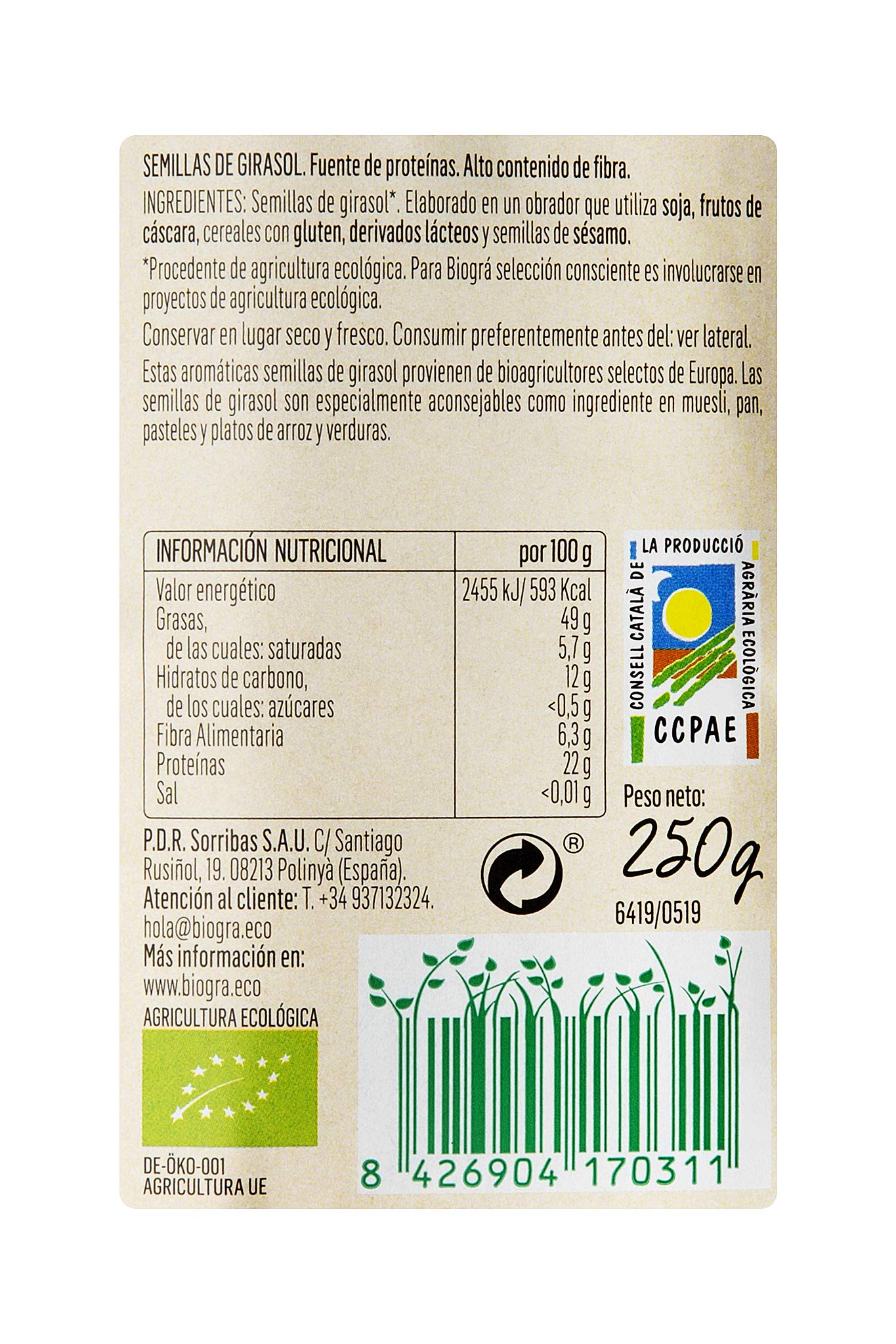 BIOGRÁ - Pipas Peladas de Girasol, Apto para Veganos, Perfecto para su Uso con Muesli, Ensaladas, pan, Pasteles, Platos de Arroz o Verduras, de Agricultura Ecológica 250g