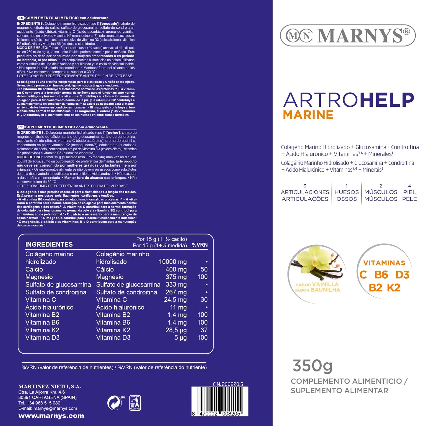 Colágeno Marino Hidrolizado - Artrohelp Marine - Bienestar Para Huesos, Articulaciones Y Piel - Bote 350 Gr Sabor Vainilla