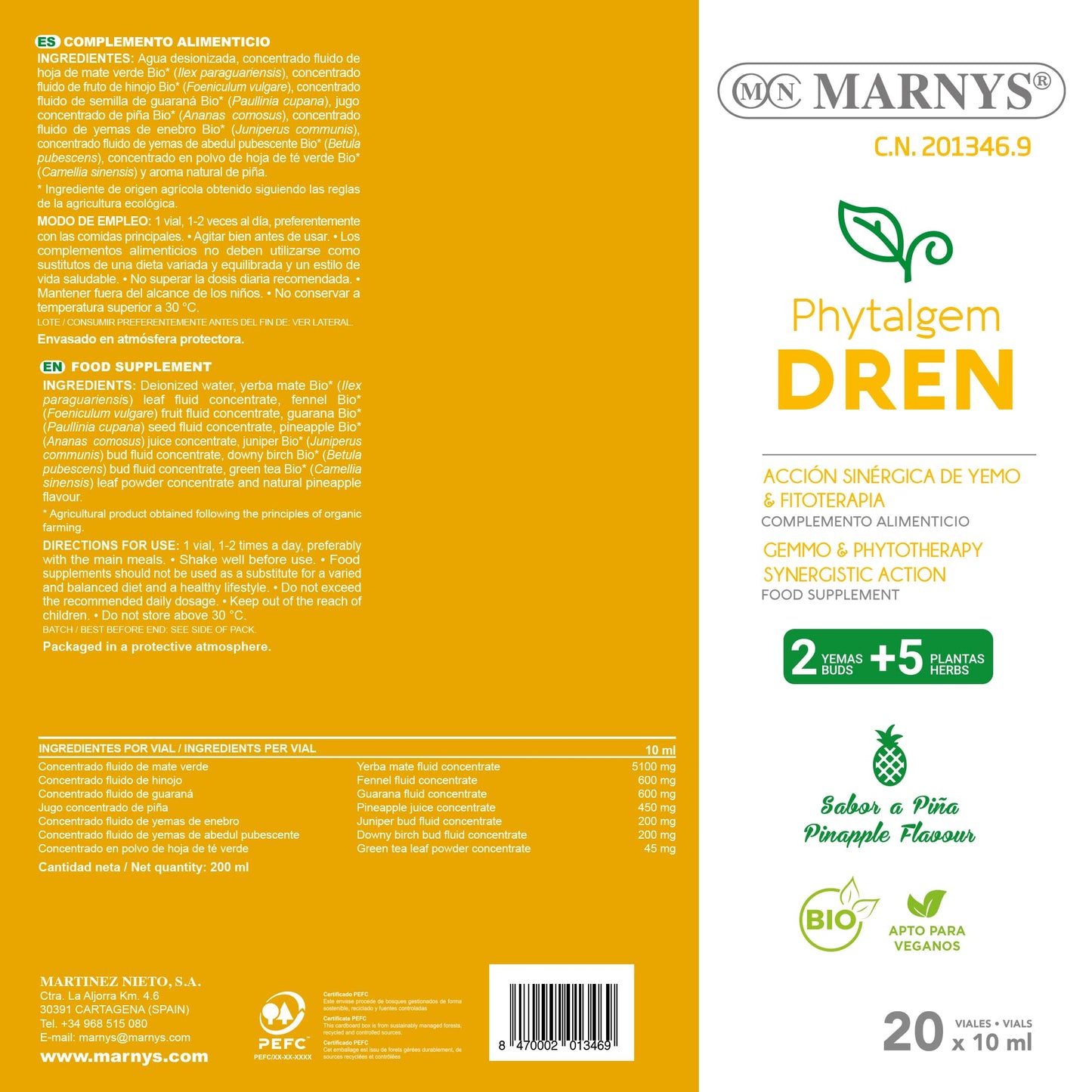 Marny's Phytalgem Dren, Equilibrar Los Líquidos, Clave Para El Bienestar, 20 X 10 ml Viales Bebibles Monodosis, Sabor A Piña