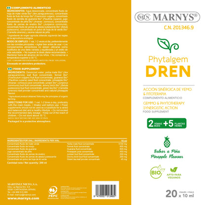 Marny's Phytalgem Dren, Equilibrar Los Líquidos, Clave Para El Bienestar, 20 X 10 ml Viales Bebibles Monodosis, Sabor A Piña