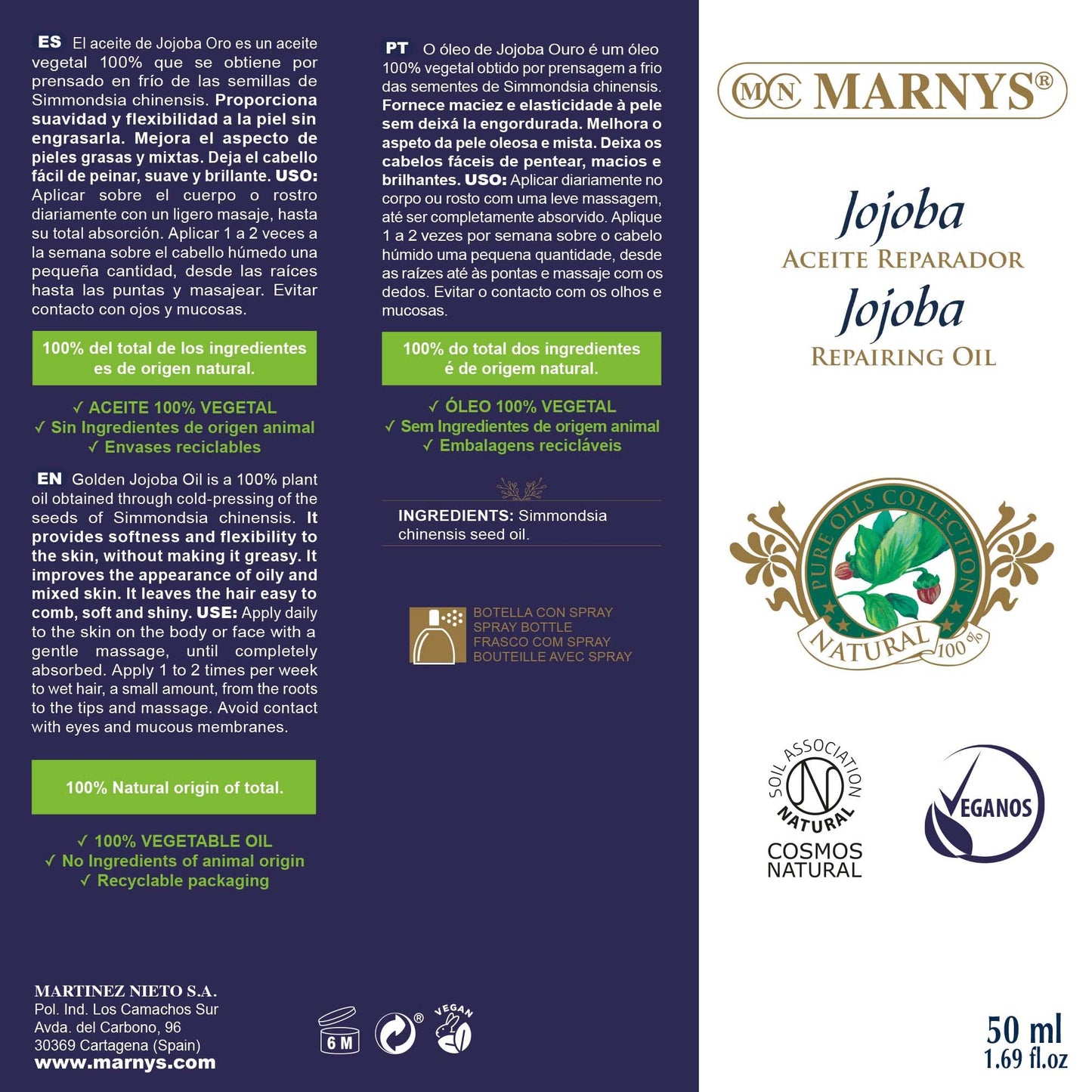 Aceite de Jojoba MARNYS, Aceite para Piel y Cabello Graso o Mixto, Hidratante para Cabello, Cara, Cuticulas, Cuerpo y Uñas, Botella 50 Mililitros