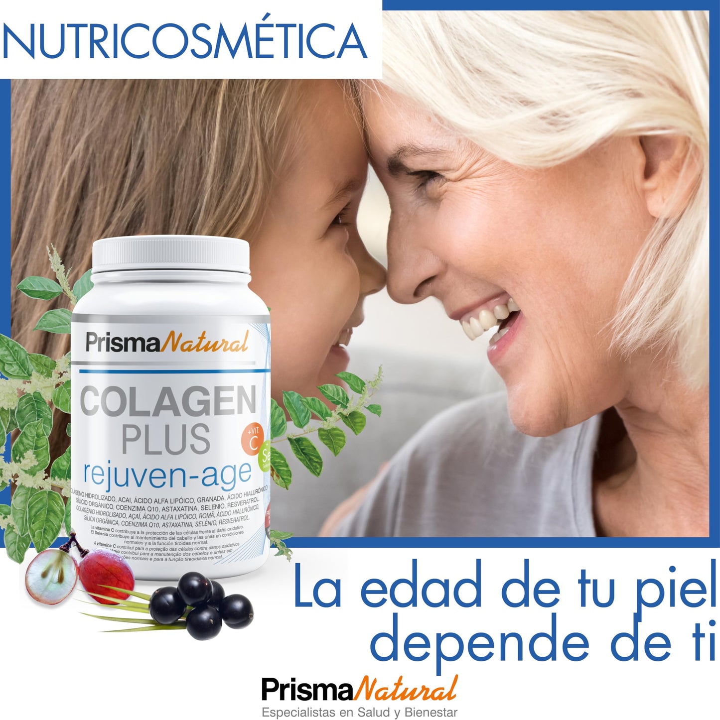 Prisma Natural Colagen plus rejuven-age Colageno en Polvo con Ácido Hialurónico y Vitamina C. Suplemento Antiedad para Articulaciones, Huesos, Piel, Uñas y Pelo, 300 g