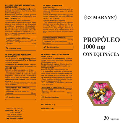 Propóleo con Equinácea MARNYS, Defensas y Respiración Durante los cambios Estacionales, Propóleo 1000 Mg, 30 Cápsulas