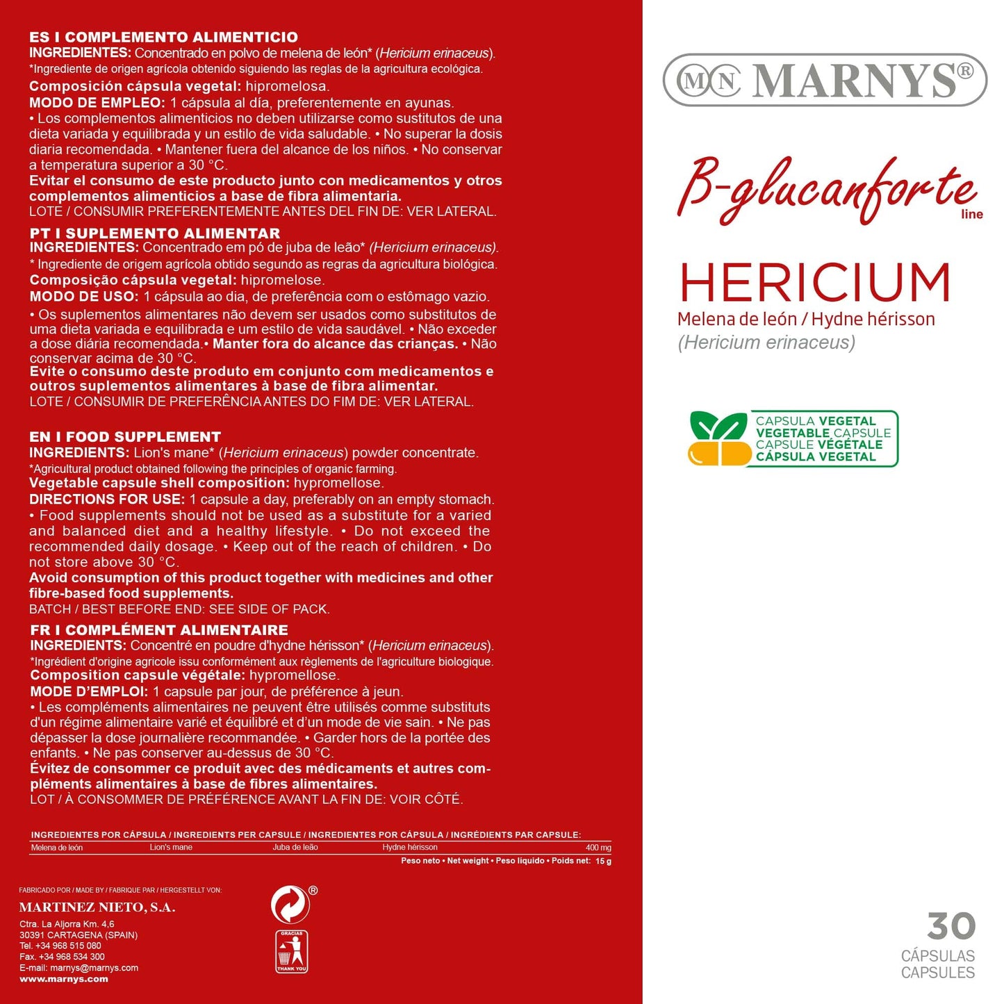 Hericium BIO MARNYS - Melena de León cápsulas Con elevada concentración - Bienestar Mental, Gástrico y de las Defensas - 30 cápsulas vegetales