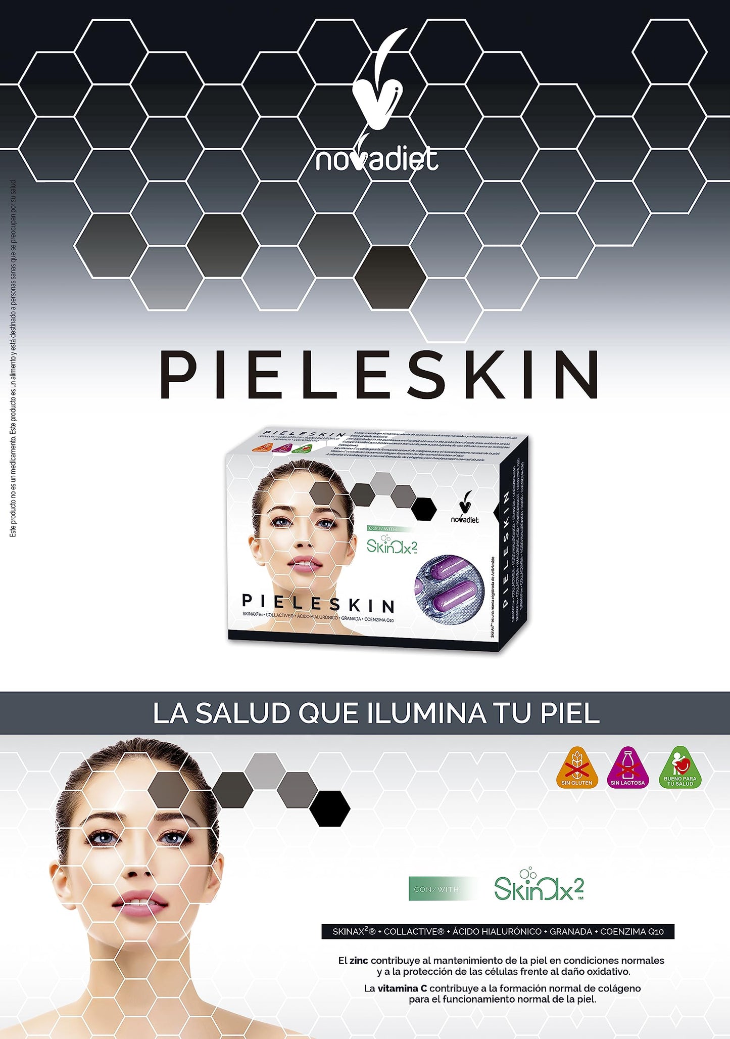 Novadiet - PIELESKIN Capsulas con SkinAx²™, Collactive, Ácido Hialurónico, Granada y Coenzima Q10 - Ayuda Reducir las Arrugas, las Manchas y las Imperfecciones de la Piel - 30 Cápsulas
