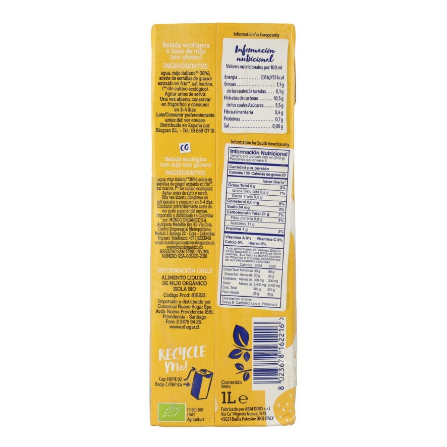Bebida Vegetal de Mijo SinGluten Bio Vegan 6x1L Isola Bio