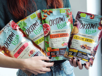 Okami Bio "Extreme Energy" Superfood Powder Mix 200 gr | Mezcla Vegana Orgánica de Maca, Cacao, Guaraná y Jengibre | Te da el mismo impulso que una bebida energética, pero 100% natural.