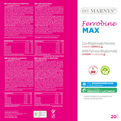Ferrobine Max - Hierro, Zinc Y Vitaminas - Fortalecer el Cuerpo, Aliviando Cansancio y Fatiga - Para 1 Mes - 20 Viales Monodosis Con Sabor Cereza