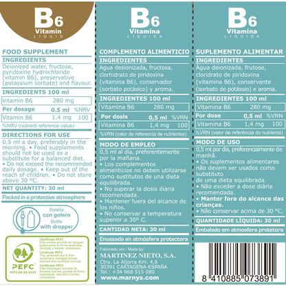Marnys Vitamina B6 Líquida, Combate El Cansancio y la Fatiga, Botella con Pipeta 30 Ml 90 g