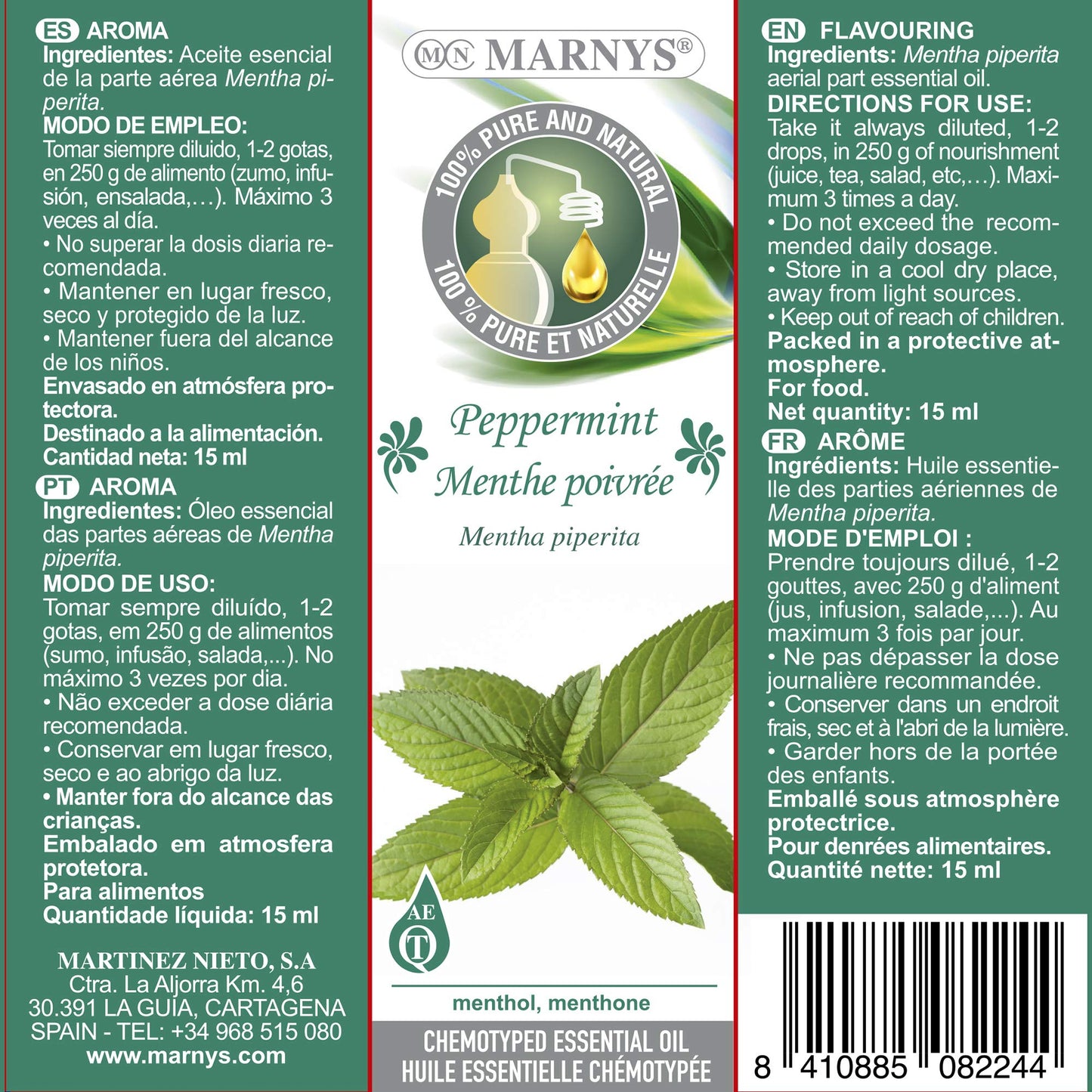 MARNYS Aceite Esencial Menta Piperita 100% Puro Quimiotipado 15ml