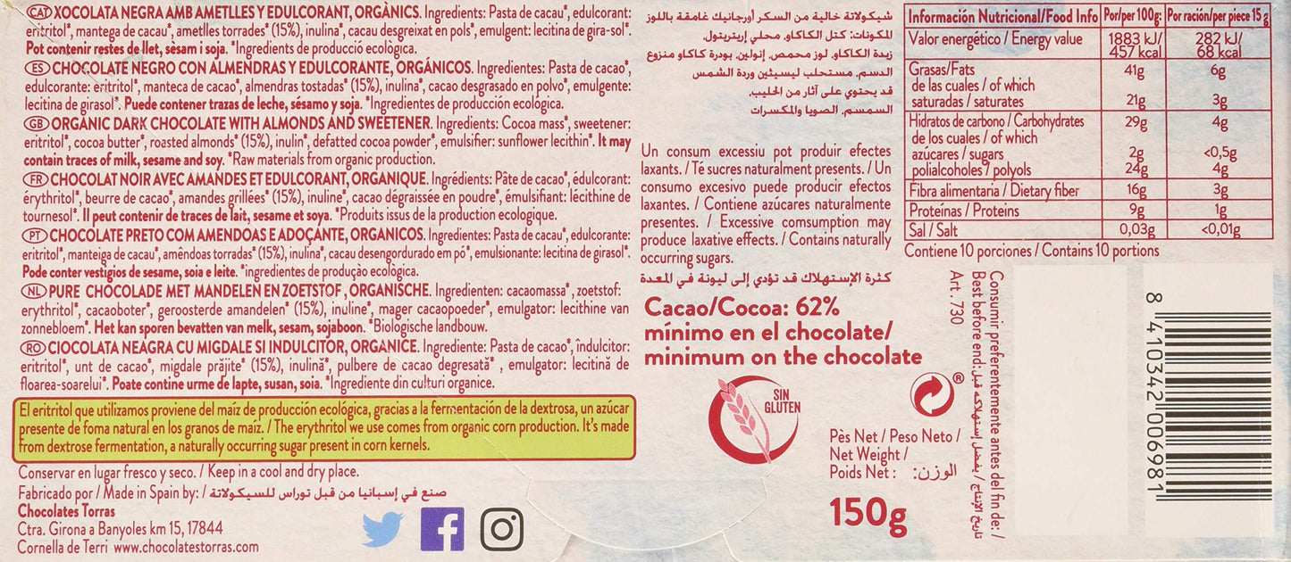 Torras - Chocolate Negro con Almendras - Producto Natural - 62% de Cacao - Sin Azúcares Añadidos - Almendras Enteras - Fuente de Energía - Sin Gluten - Apto para Veganos - 200 g