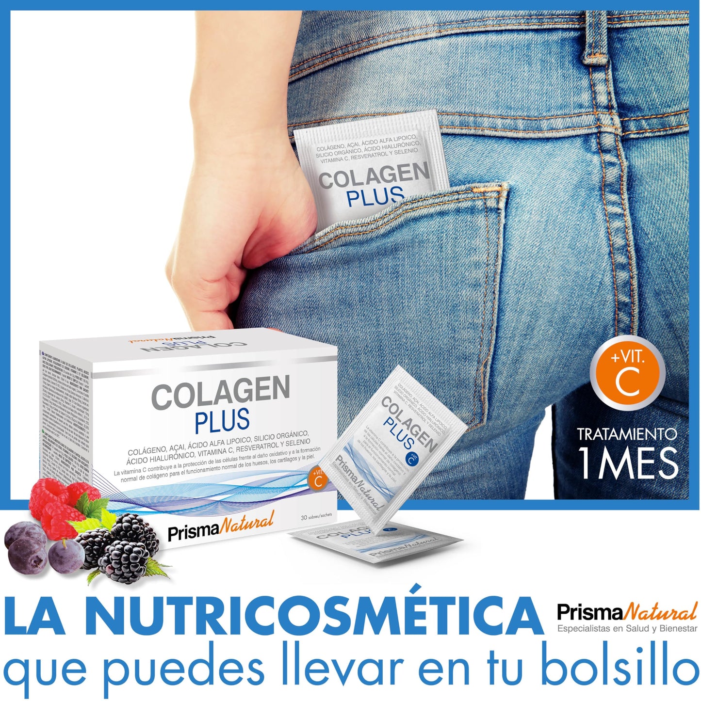 Prisma Natural Plus Anti-aging Stick Colágeno - 30 Unidades, 215 g. Complemento alimenticio de colageno hidrolizado, ingredientes como: acido hialuronico, resveratrol,silicio organico y vitamina C