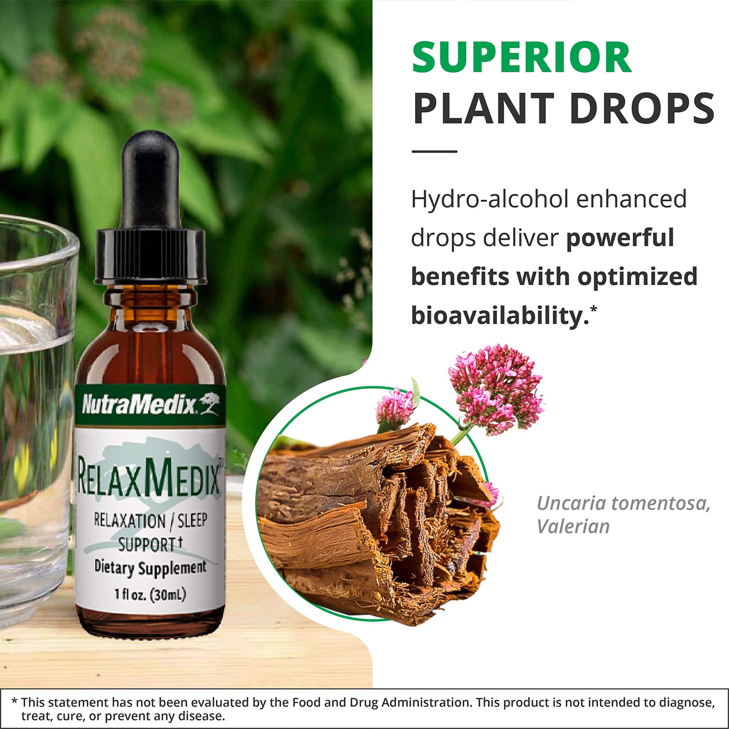 NutraMedix RelaxMedix - Suplemento de estado de ánimo y sueño hecho con garra de gato líquida biodisponible y extracto de raíz de valeriana, apoyo de relajación y suplemento de tintura de apoyo para el sueño reparador (1 onza)