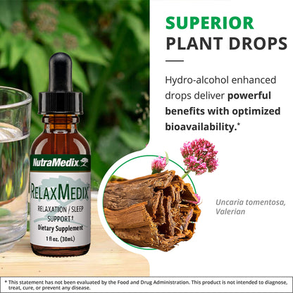 NutraMedix RelaxMedix - Suplemento de estado de ánimo y sueño hecho con garra de gato líquida biodisponible y extracto de raíz de valeriana, apoyo de relajación y suplemento de tintura de apoyo para el sueño reparador (1 onza)