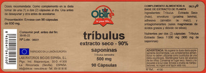Obire | Tríbulus 500 mg | Complemento Alimenticio a Base de Planta Natural | Favorece la Producción de Masa Muscular | 90% saponinas | 90 Cápsulas