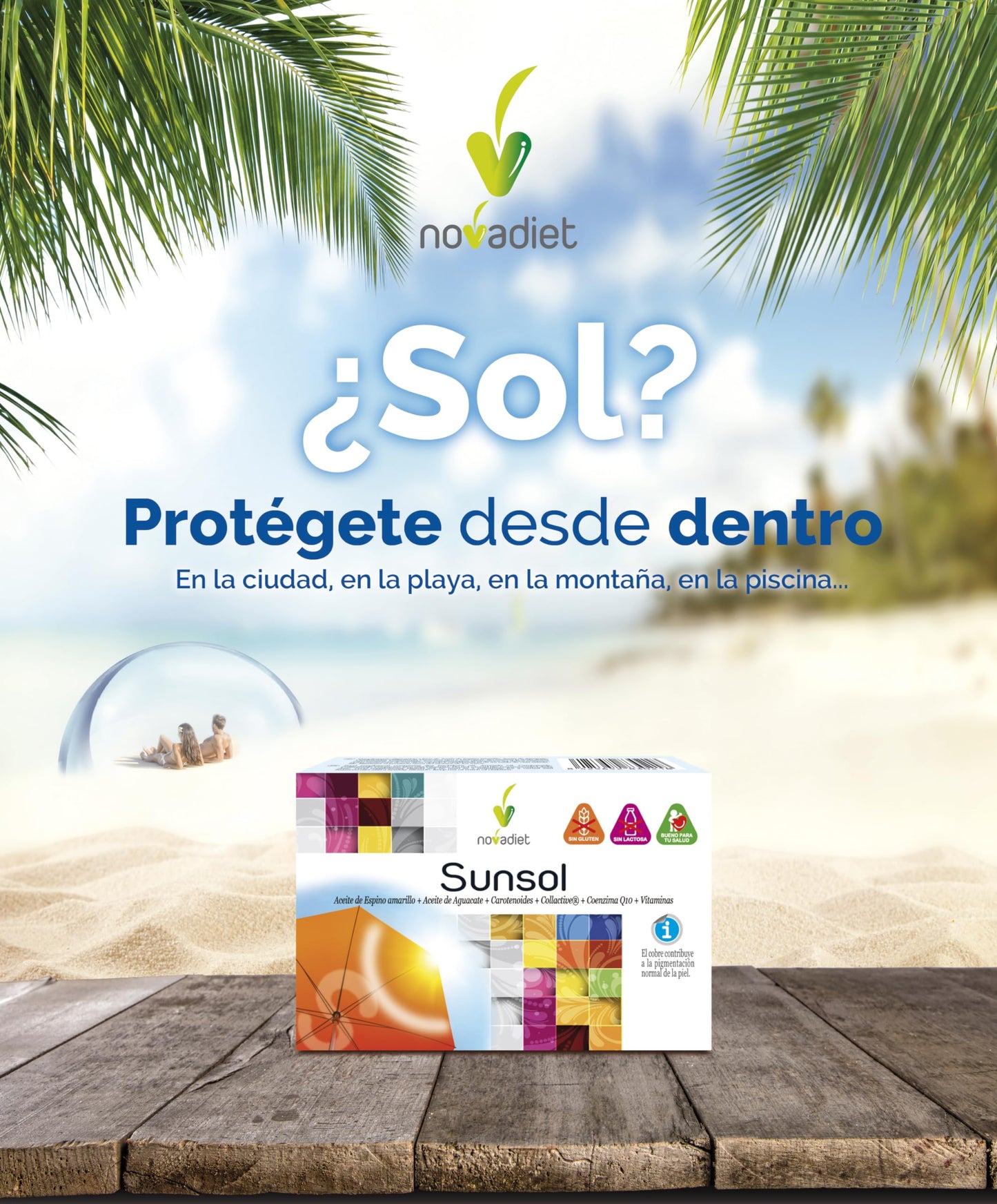 Novadiet - SUNSOL Cápsulas con HMB, Aceite de Coco, L-Triptófano, Carnitina, Café Verde y Colina - Para Potenciar y Mantener el Bronceado - Protección Solar para una Piel Radiante - 30 Cápsulas