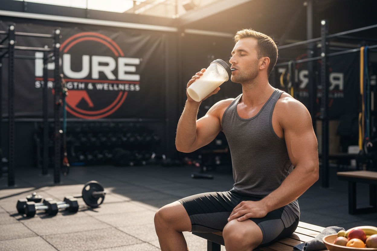 deportista tomando batido de proteinas