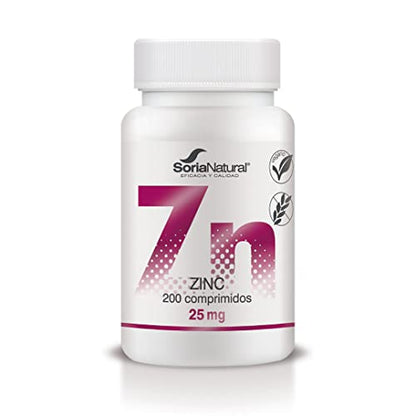 Soria Natural Zinc Comprimidos 25mg - Complemento Alimenticio para Reforzar las Defensas, Fertilidad, Caída del Cabello, Piel y Uñas, Hepatitis, Hígado Graso, Prostata, Acné | 200 comprimidos