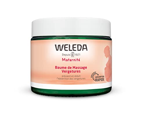 Weleda – Massagebalsam, pflegt die Haut, beugt Dehnungsstreifen vor und reduziert sie, mit Centella Asiatica, BIO-Sheabutter und ätherischen Ölen, 100 % natürlich, Anwendung vor und während der Schwangerschaft – 150 ml