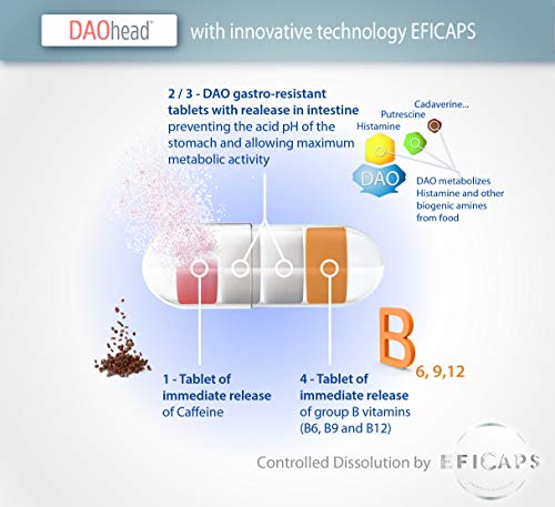 DAOhead – Behandlung von Migräne aufgrund von DAO-Mangel/Histamin-Intoleranz – 60 EFICAPS-Kapseln mit magensaftresistenten Tabletten – DAO-Enzym, Vitamin B6, B9, B12 und Koffein