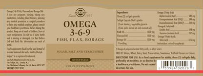 Solgar | Omega 3-6-9 | Aceite de Pescado, Lino y Borraja | Ácidos Grasos | 120 Cápsulas blandas